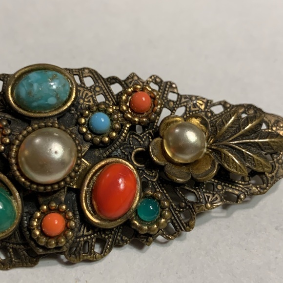 EDWARDIAN VICTORIAN NEIGER BROTHERS-STYLE BROOCH WITH MULTICOLORED CABOCHONS. - Picture 2 of 9